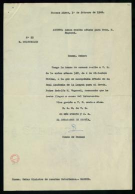 Copia del despacho número 55 del conde de Bulnes, embajador de España en Argentina, al ministro d...