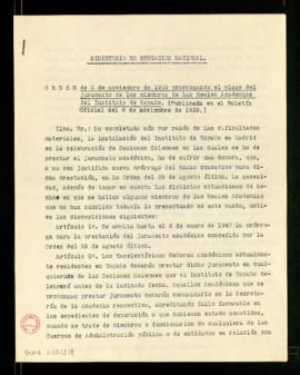 Copia de la Orden de 3 de noviembre de 1939 prorrogando el plazo del juramento de los miembros de...