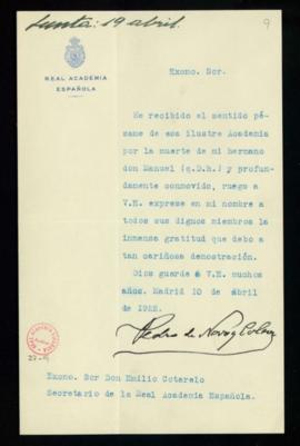Carta de Pedro de Novo y Colson al secretario, Emilio Cotarelo, de agradecimiento a la Academia p...