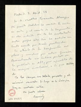 Carta de Ramón Pérez de Ayala a Melchor Fernández Almagro en la que le agradece el envío del artí...