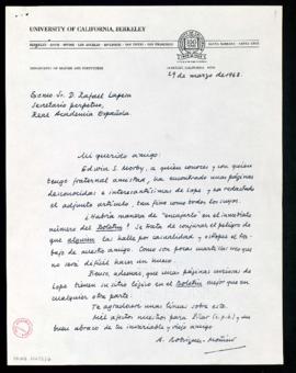 Carta de Antonio Rodríguez-Moñino a Rafael Lapesa, secretario, con la petición de publicar el art...