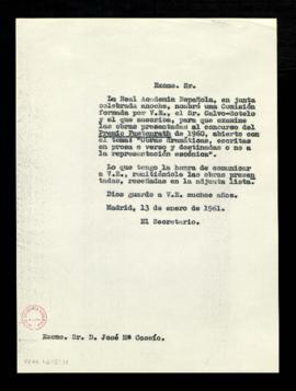 Copia sin firma del oficio del secretario a José M.ª de Cossío con el que le comunica su designac...