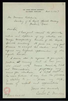 Carta de Charles C. Marden a Mariano Catalina en la que acusa recibo de su nombramiento como acad...