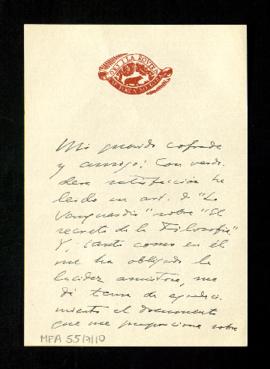 Carta de Eugenio D'Ors a Melchor Fernández Almagro en la que le agradece su crítica sobre El secr...