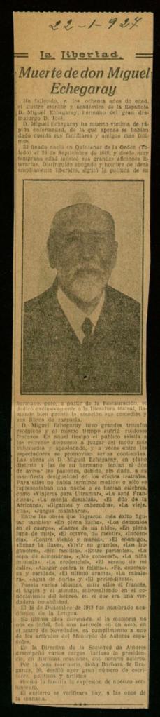 Recorte del diario La Libertad de 22 de enero de 1927, con la noticia del fallecimiento de Miguel...