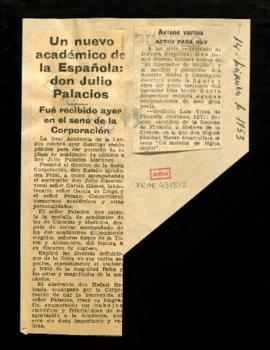 Recorte del diario Pueblo con la noticia titulada Un nuevo académico de la Española: don Julio Pa...