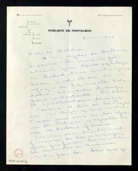 Carta de Carmen [Muñoz Roca-Tallada] a Melchor Fernández Almagro en la que le agradece su felicit...