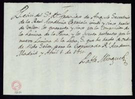 Recibo de Pablo Minguet de 105 reales de vellón por componer la lámina de la Fama y la de la letra S
