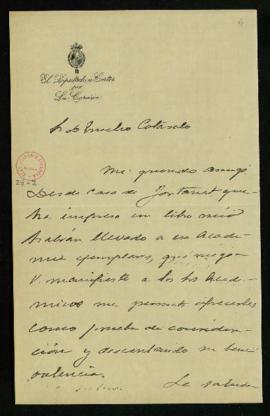 Carta de Juan de Armada y Losada, marqués de Figueroa, a Emilio Cotarelo en la que le avisa de la...
