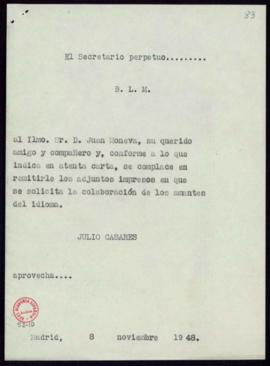Minuta del besalamano de Julio Casares a Juan Moneva con el que le remite unos impresos en los qu...