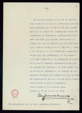 Carta de Eloy García de Quevedo al secretario [Emilio Cotarelo] en la que acusa recibo de su nomb...