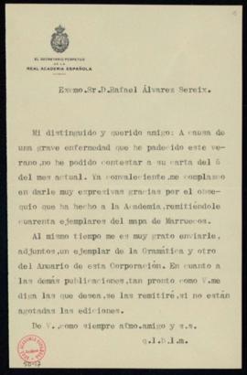 Minuta de la carta de Emilio Cotarelo a Rafael Álvarez Sereix a Emilio Cotarelo en la que le da l...