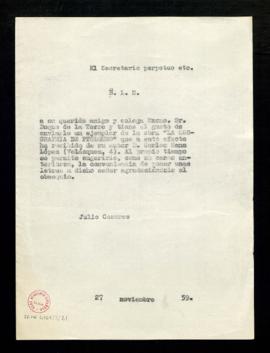 Copia sin firma del besalamano de Julio Casares al duque de la Torre con el que le envía un ejemp...