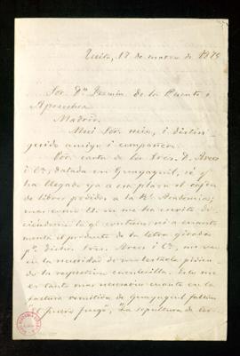 Carta de Pedro Fermín Cevallos a Fermín de la Puente Apezechea en la que anuncia la llegada a Gua...