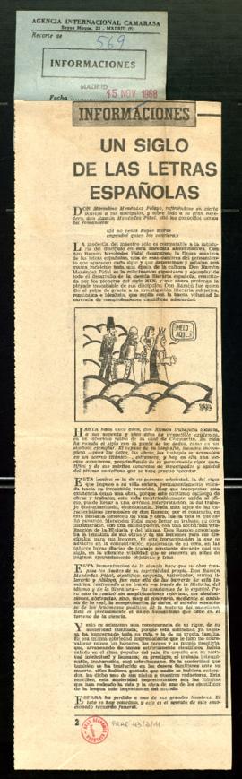 Recorte del diario Informaciones con el editorial Un siglo de las letras españolas y viñeta de Fo...