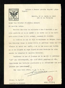 Carta de E. Mariné, secretario general de ABC, a Melchor Fernández Almagro en la que le manifiest...