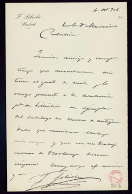 Carta de Fran[cisco] Silvela al secretario, Mariano Catalina, con la que remite un ejemplar para ...