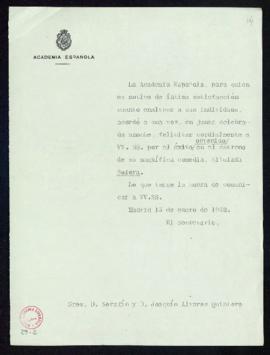 Minuta del oficio del secretario [Emilio Cotarelo] a Serafín y Joaquín Álvarez Quintero de trasla...