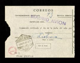 Recibo de correspondencia certificada con destino Lisboa