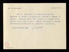 Carta de Gregorio Marañón al secretario, Julio Casares, para informarle de que no encuentra ningu...