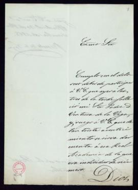 Carta de Ricardo de la Vega al secretario [Manuel Bretón de los Herreros] en la que le comunica e...