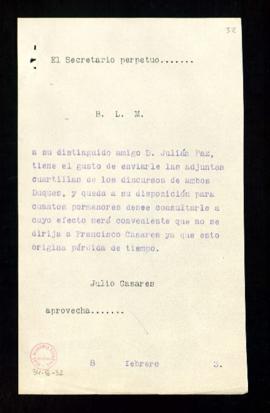 Copia del besalamano de Julio Casares a Julián Paz con el envío de las cuartillas de los discurso...