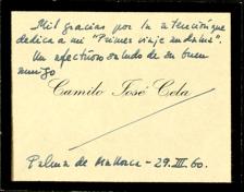 Tarjeta de visita de Camilo José Cela a Melchor Fernández Almagro en la que le agradece la atenci...