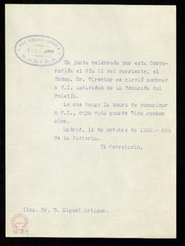 Copia sin firma del oficio del secretario a Miguel Artigas de traslado de su designación como ind...