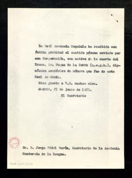 Copia sin firma del oficio de agradecimiento del secretario a Jorge Fidel Durón, secretario de la...
