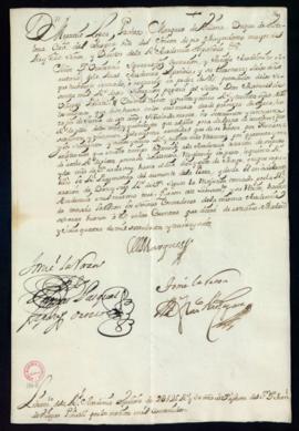 Orden del marqués de Villena del libramiento a favor de Manuel de Villegas y Piñateli de 2125 rea...