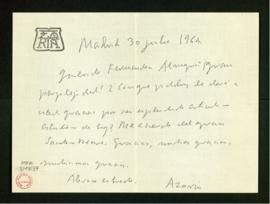 Carta de Azorín a Melchor Fernández Almagro en la que le dice que no sabe cómo agradecer su esplé...