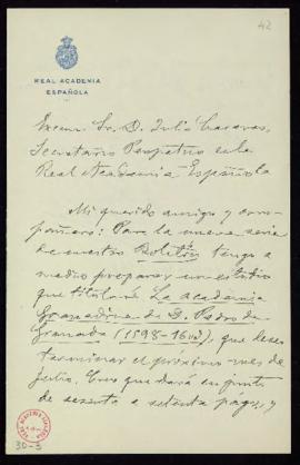Carta de Francisco Rodríguez Marín al secretario, Julio Casares, en la que le avisa de que va a e...