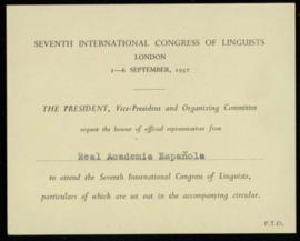 Tarjeta de confirmación de asistencia al Séptimo Congreso Internacional de Lingüistas