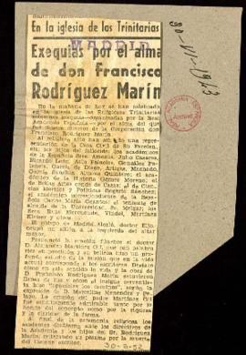 Recorte de prensa del diario Madrid con la noticia En la iglesia de las Trinitarias. Exequias por...