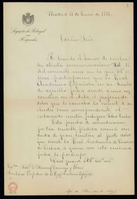 Carta de José da Silva Mendes Leal a Manuel Tamayo y Baus, secretario perpetuo en la que agradece...