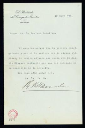 Carta de Raimundo [Fernández] Villaverde, presidente del Consejo de Ministros, al secretario, Mar...