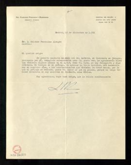Carta de Narciso Perales y Herrero a Melchor Fernández Almagro con la que le envía la obra del Dr...