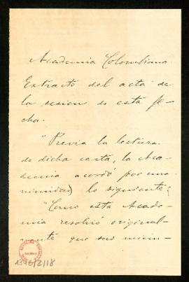 Extracto del acta de la junta de la Academia Colombiana de 16 de enero de 1874