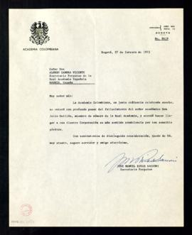 Carta de José Manuel Rivas Sacconi, secretario de la Academia Colombiana de la Lengua, a Alonso Z...
