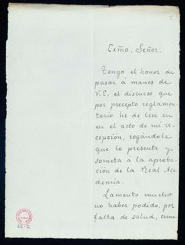 Carta de José M[arí]a Asensio al secretario [Mariano Catalina] con la que remite el discurso para...