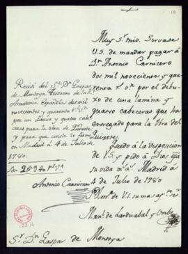 Orden de Manuel de Lardizábal del pago a Antonio Carnicero de 2900 reales de vellón por el dibujo...