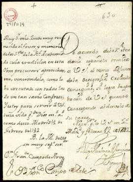Carta de Lope Hurtado de Mendoza a Francisco Campo de Arbe con la que le remite un ejemplar de la...