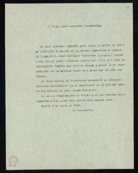 Copia sin firma del oficio de pésame del secretario [Emilio Cotarelo] a José [Rodríguez] Carracid...