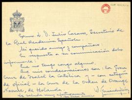 Carta de Wenceslao Fernández Flórez a Julio Casares en la que le dice que no tiene cargo alguno, ...
