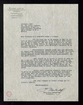 Carta de Francisco Monterde, director de la Academia Mexicana de la Lengua, a Julio Casares para ...