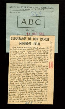 Recorte del diario ABC con la noticia Cumpleaños de don Ramón Menéndez Pidal