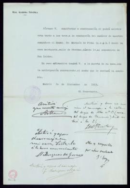 Consulta del secretario [Emilio Cotarelo] a los académicos sobre su intención de asistir al corte...
