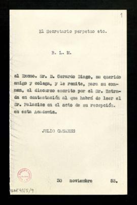 Copia sin firma del besalamano de Julio Casares, secretario, a Gerardo Diego con el que le remite...