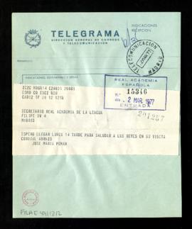 Telegrama de José María Pemán al secretario [Alonso Zamora Vicente] para informarle de que espera...