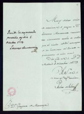 Orden de Pedro de Silva del pago a Lorenzo Muntaner de 350 reales de vellón por el tirado de mil ...